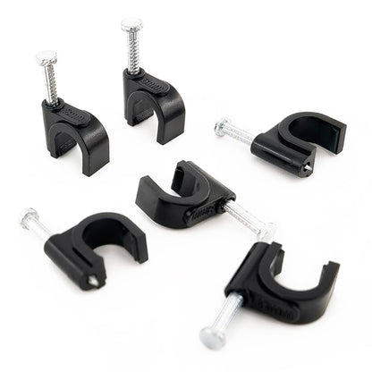 HS 7mm Ethernet Cat6 Cable Clips Clamps RG6 with Steel Nail (200 Pack) Wire Clips Black for Wall,Cord Management