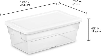 Sterilite 6 Pack Storage Box, 41 Quart Stackable Tote, Clear Plastic Container with Secure Snapping White Lids for Home and Office Organization