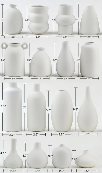 Set of 16 White Ceramic Bud Vases, Minimalist Boho Small Pampas Grass Flower Vase for Farmhouse Home Decor, Wedding Centerpiece, Shelf and Table Decoration