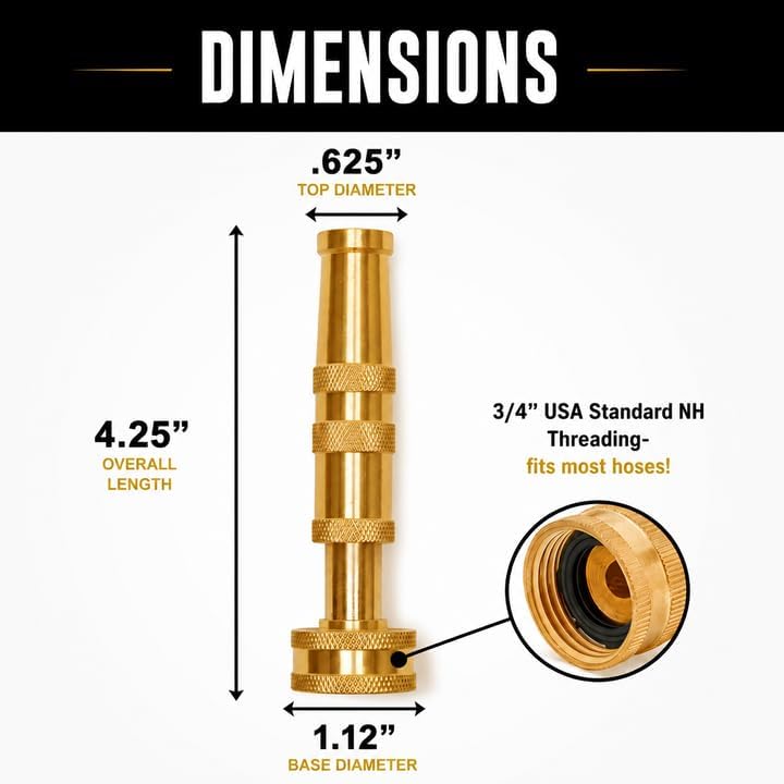 Morvat Solid Brass Metal Twist Garden Hose Nozzle, Heavy Duty Adjustable Pressure Spray Attachment, High Power Water Jet Sprayer with 4 Holes & ¾” Standard Threading, Includes 2 Extra Rubber Washers