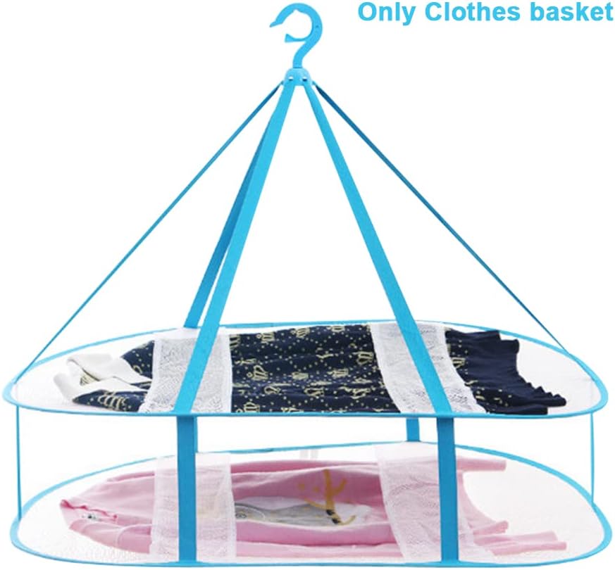 2 Tier Folding Drying Rack, Folding Mesh Clothes Hanging Dryer, Portable Windproof Hanging Laundry Racks with Fixing Band for T-Shirt, Swimsuit, Underwear Outdoor Indoor