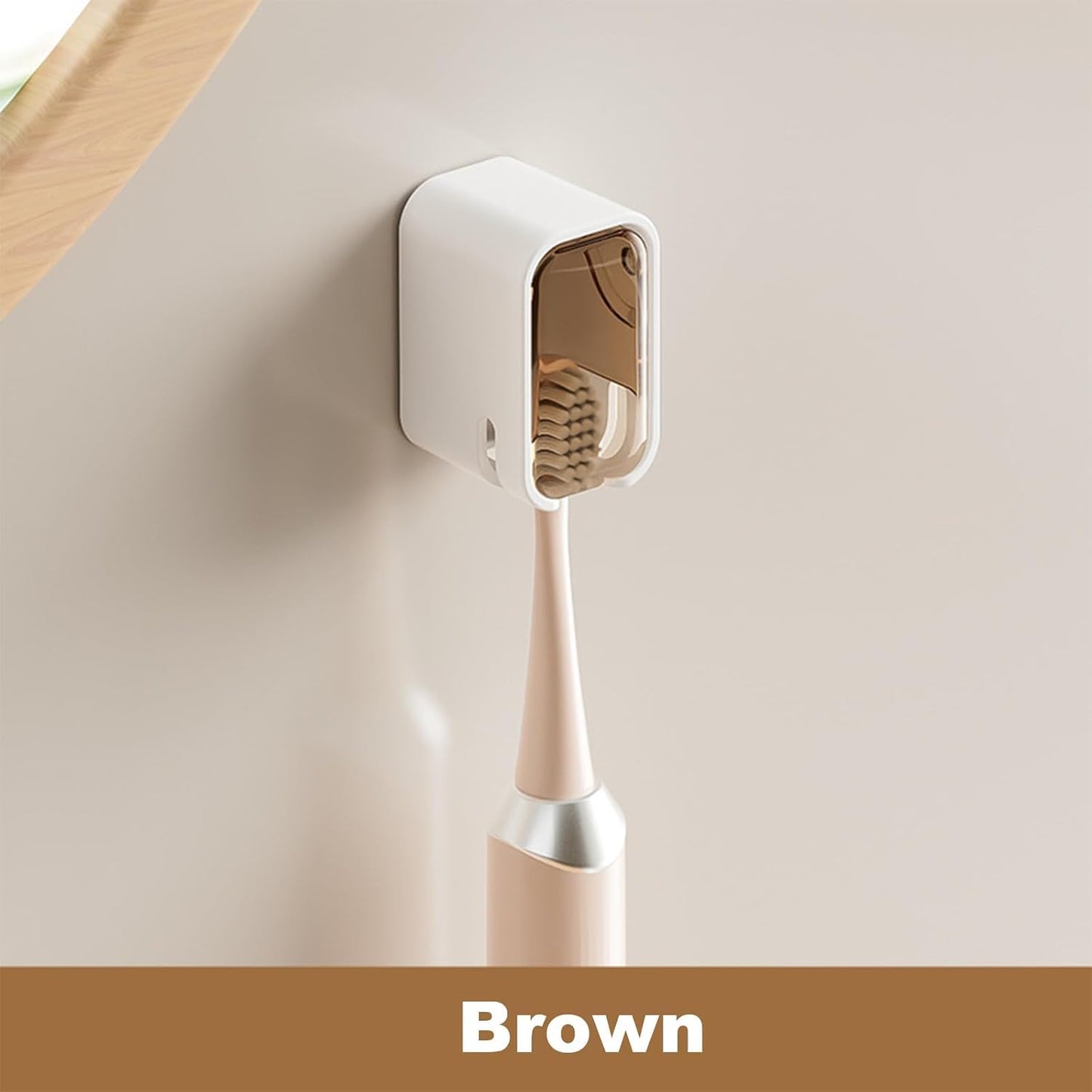 ROOM127 Wall Mounted Toothbrush Holder Set with Toothpaste Dispenser, Amber | 5-Piece Set with 4 Covered Individual Slots, No-Drill Adhesive Mount and Pump-Style Squeezer for Manual or Electric Brushes