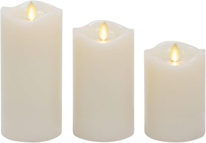 Matchless Candle Co. by Luminara Set of 3 Flameless LED Flickering Moving Flame Pillars (3" x 4.5", 5.5", 6.5"), Melted Unscented Real Wax Edge w/Smooth Finish, AA Battery Operated, Pearl Ivory