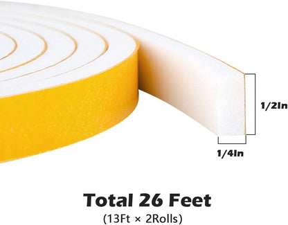 ToLanbbt White Door Window Weather Stripping Self Adhesive Foam Tape High Density Foam Sealing Strip Window Insulation Weatherproof Gasket Tape for Doors and Windows (1/2" W X 1/8" T X 16.5')