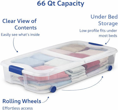 66 Quart Underbed Storage Bin with Wheels & Clear Lid, Under Bed Storage Container for Blankets, 39.5" x 20.25" x 7", Split-Lid Design & Smooth Gliding Wheels