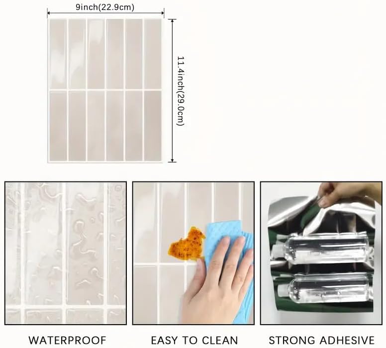 Heikki 20-Piece Kitchen Splash Guard Stickers, Peel-and-Stick Tile Splashbacks for Kitchen Islands, Bathrooms, Laundry Rooms, RVs, and Rental Spaces, 11.43 × 9 inches (Beige)