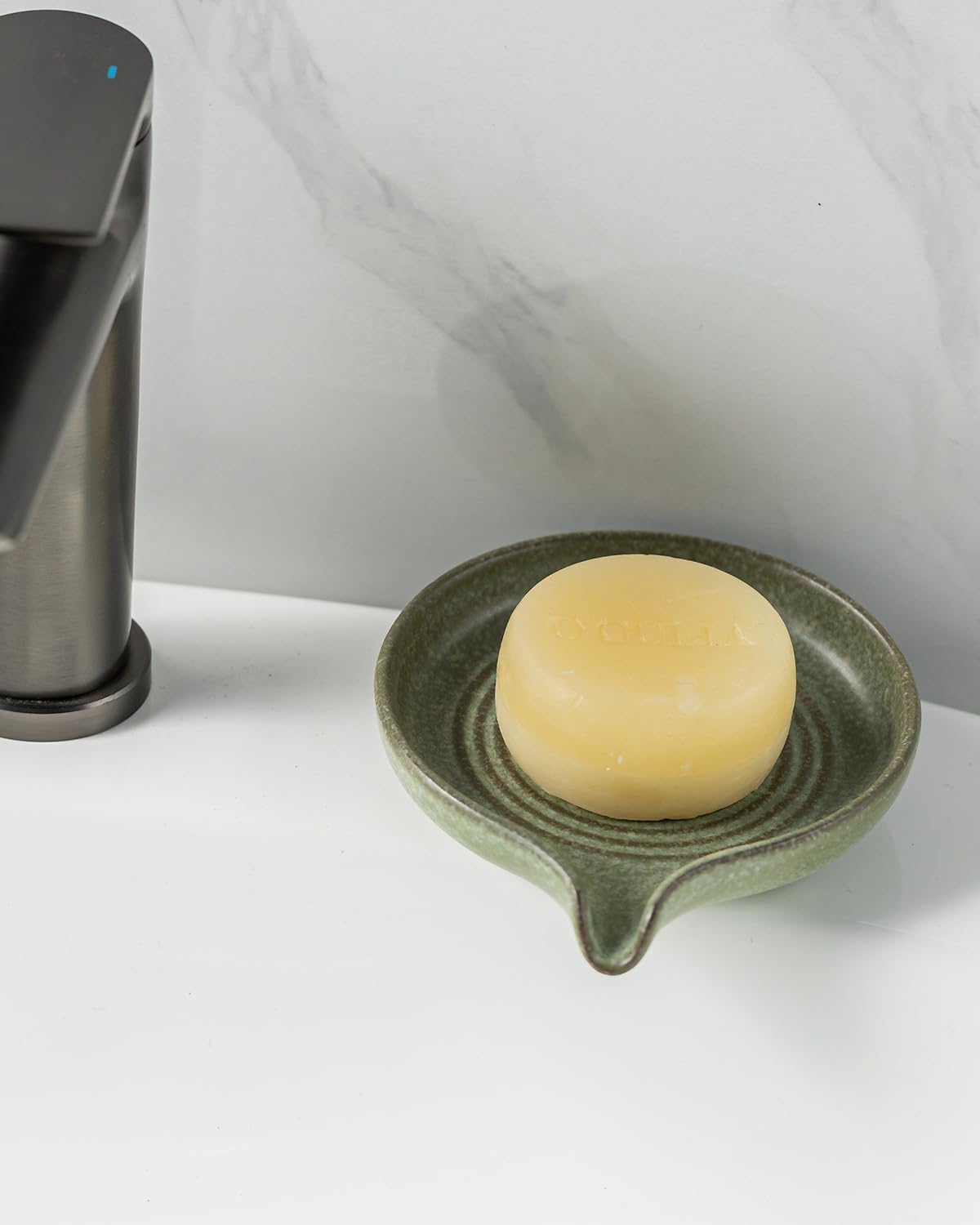 Self Draining Soap Dish, Ceramic Drain Soap Holder Waterfall Design Soap Saver for Shower, Bathroom, Sink, Kitchen and Countertop, Keeps Dry, Green