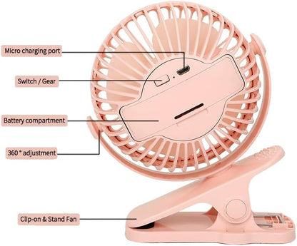 Compact USB Rechargeable Clip on Fan, 6 Inches Portable Personal Fan for Outdoors, Car Seat, Gym - Black