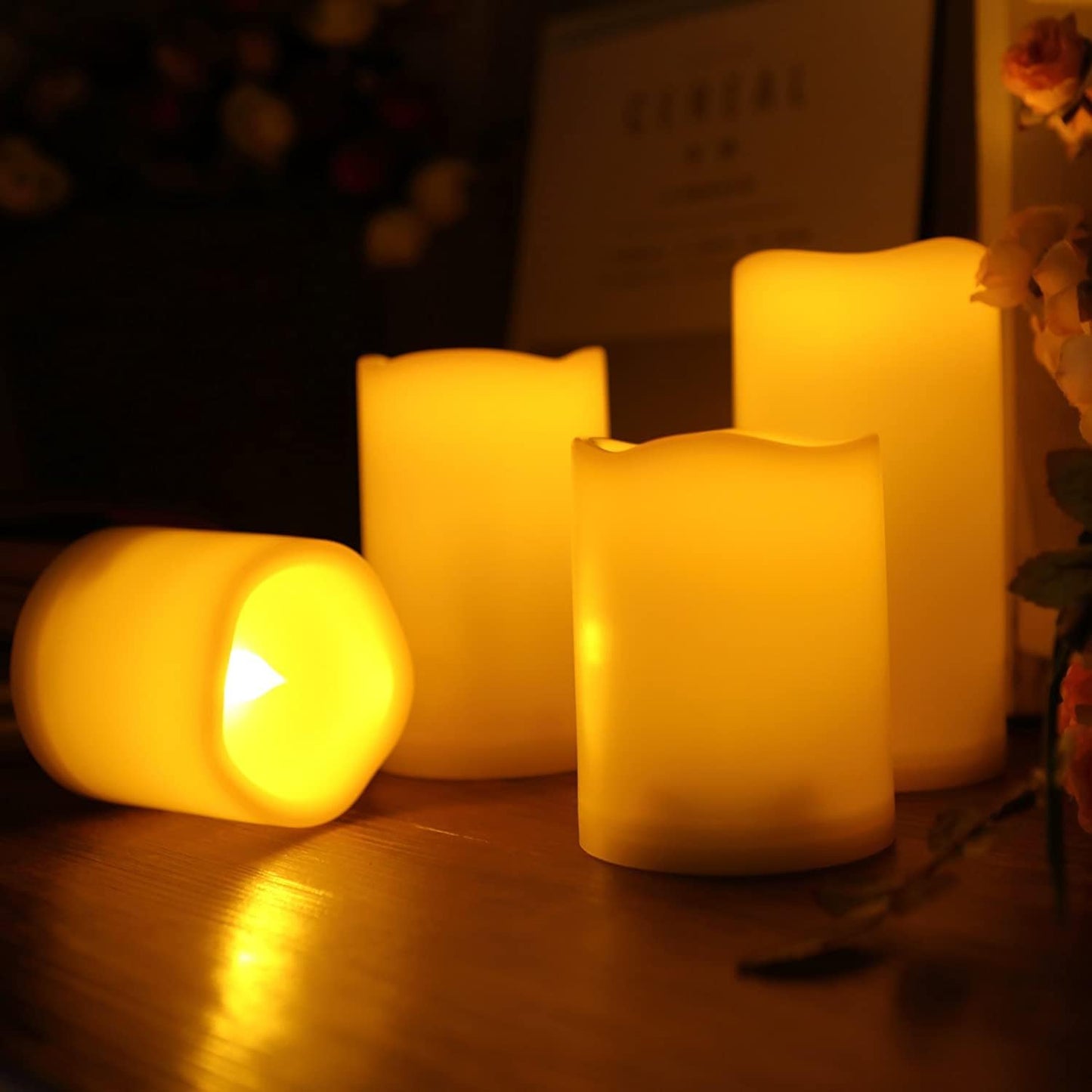 3”X3” 4 Pack Outdoor Flameless Candles Battery Operated LED Waterproof Pillar Candles with Remote Timer Electric Flickering LED Lights for Christmas, Halloween, Wedding, Home, Garden Decorations