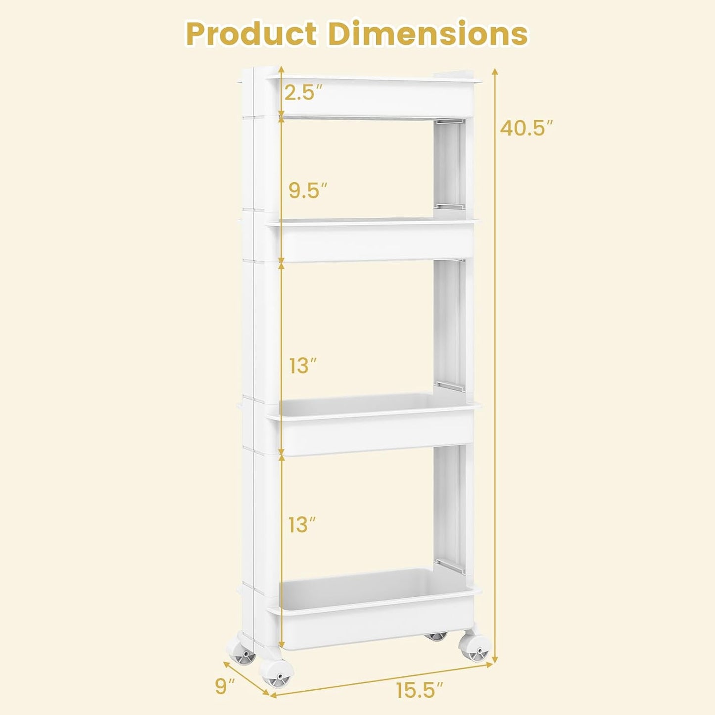 GOFLAME 4-Tier Rolling Utility Cart, Multifunctional Slim Storage Trolley with Detachable Trays and Wheels, Mobile Shelving Unit Organizer for Kitchen, Living Room and Bathroom (20” × 5” × 40”)