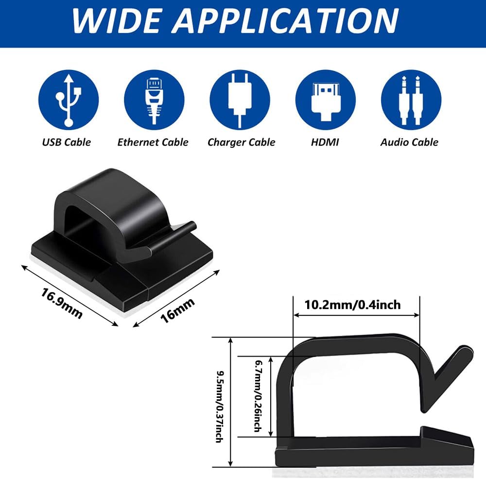 150 PCS Adhesive Cable Wire Clips Black, Outdoor Cable Management Wire Organizer Cord Holder for Under Desk, Car, Wall, TV PC Ethernet Cable (Black)