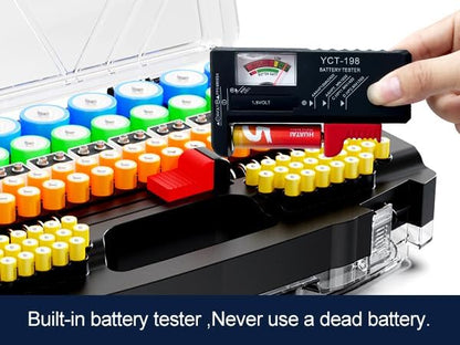 Battery Organizer Storage Holder Box Case with Tester, New Ultra-Large 285+Batteries Double-Sided Variety Pack, Holds AA AAA 4A C D Button Cell 9V 3V Lithium18650 CR2 CR123 CR1632 LR44 (Red)