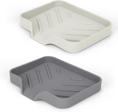 2 Pack Silicone Soap Dish, Self Draining Soap Dish, Non Slip Bar Soap and Sponge Holder for Bathroom Kitchen Sink Counter Organizer Easy to Clean Soap Tray Waterfall Soap Saver