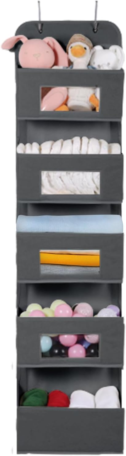 MAX Houser 4-Shelf Over The Door Hanging Organizer with 2 Metal Hooks, Gray | 4 Pocket Swing-proof Behind Door Organizers with Clear Windows for Bathroom Closet, Dorm