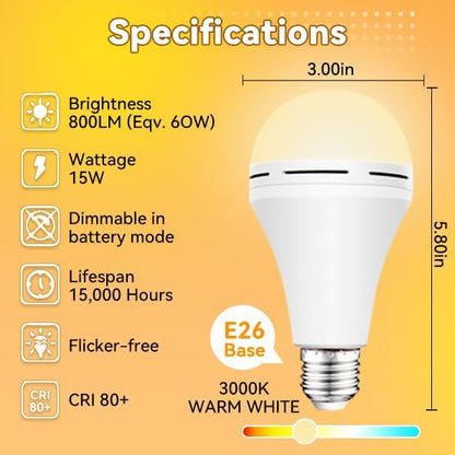 Neporal 4 Pack Emergency-Rechargeable-Light-Bulb, Stay Lights Up When Power Failure, 1500mAh 15W 80W Equivalent LED Light Bulbs for Home, Camping, Tent (E27, with Hook) (Daylight)