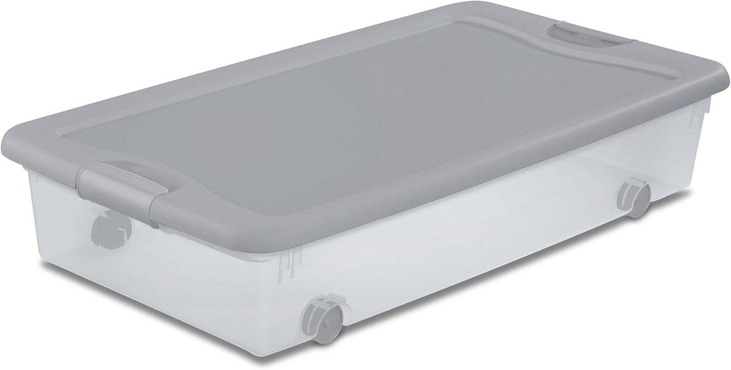 Sterilite 4-Pack 56 Quart Wheeled Latching Box, Underbed Plastic Storage Organizer, Silver - Under Bed Rolling Container Bin with Lid and Wheels for Home or Dorm Bedrooms and Closets