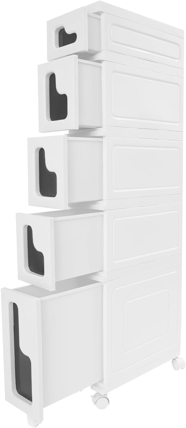 2 Tier Slim Bathroom Storage Cabinet with Movable WheelsSmall Bathroom Storage Cabinet Narrow Bathroom Storage Cabinet for Small Space, Bathroom, Kitchen, Laundry, White (15.7×6.3×22in)
