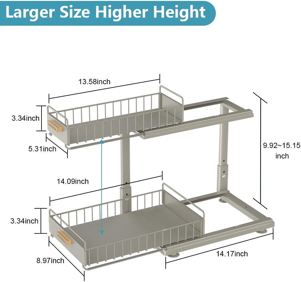 Under Sink Organizer Kitchen - Upgraded Professional Rails, 2 Tier Dual Pull Out Cabinet Storage, Height Adjustable Under Sink Storage, Metal Sliding Drawer for Kitchen & Bathroom, White, 2 Pack