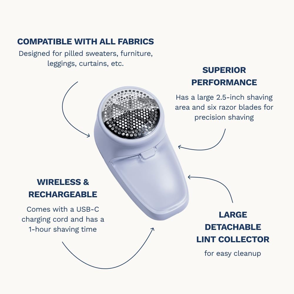 Nori Trim Fabric Shaver - Lint Remover for Clothes & Furniture Couch Pilling - Sweater Pill Remover - Clothes Shaver with 6 Precision Blades - Wireless and Rechargeable - White