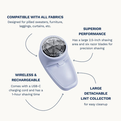 Nori Trim Fabric Shaver - Lint Remover for Clothes & Furniture Couch Pilling - Sweater Pill Remover - Clothes Shaver with 6 Precision Blades - Wireless and Rechargeable - White