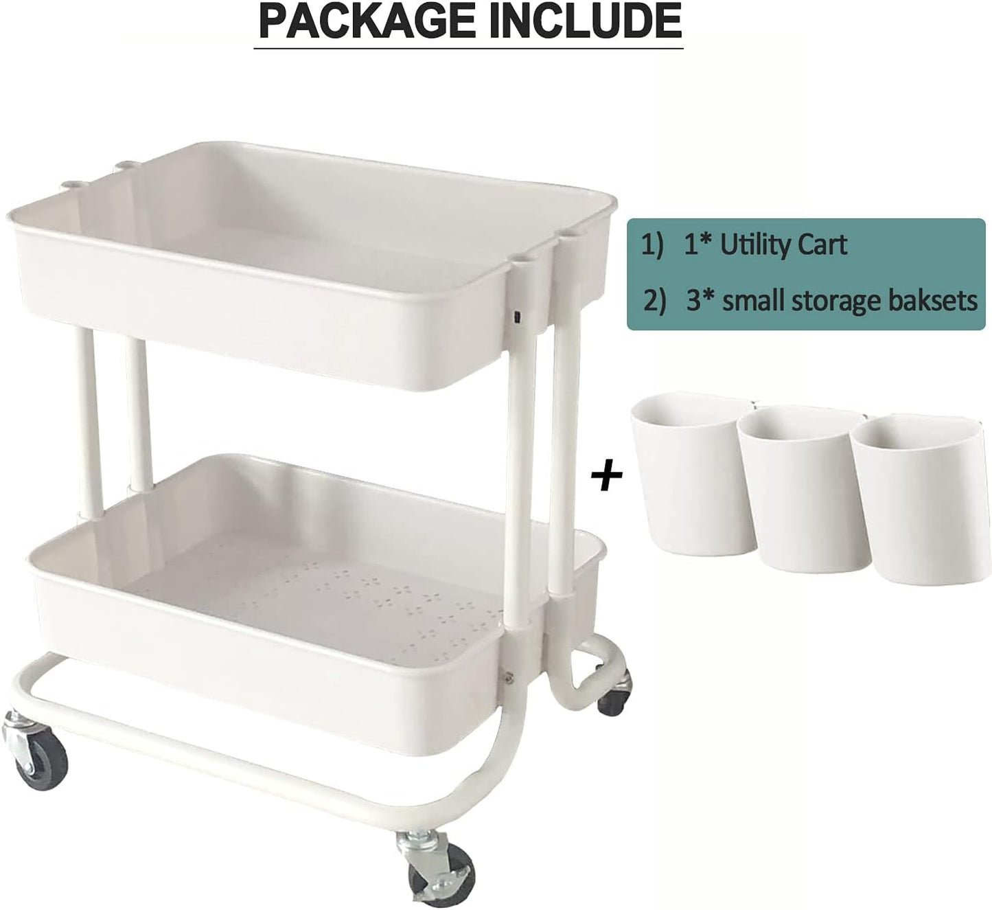 2-Tier Utility Rolling Cart Storage Sofa Side Table with Wheels, Mobile Trolley Organizer with for Office Home Kitchen Organization, Cream White