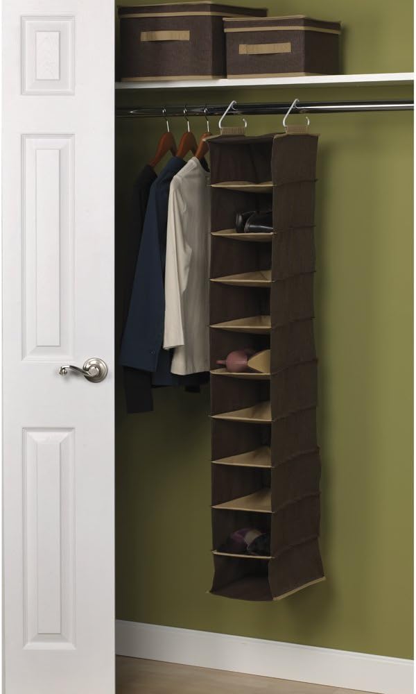 Household Essentials 311322 Hanging Shoe Storage Organizer for Closets |10 Pocket Shelves | Natural Canvas