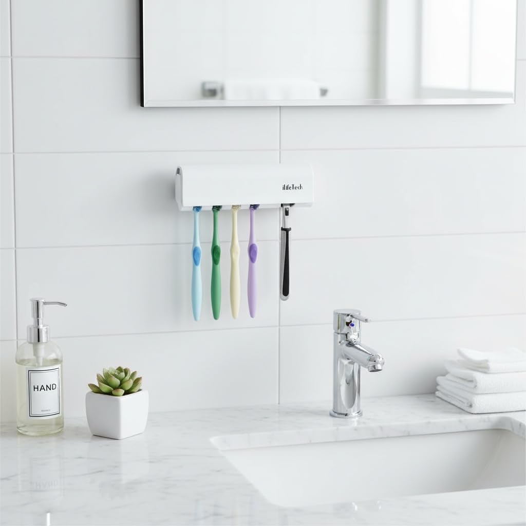Dustproof Toothbrush Holder with Cover, Wall Mounted 5 Slots | Fits Electric Toothbrushes, Strong Peel, Stick Adhesive, Smooth Tile, Glass, Marble, Shower, RV