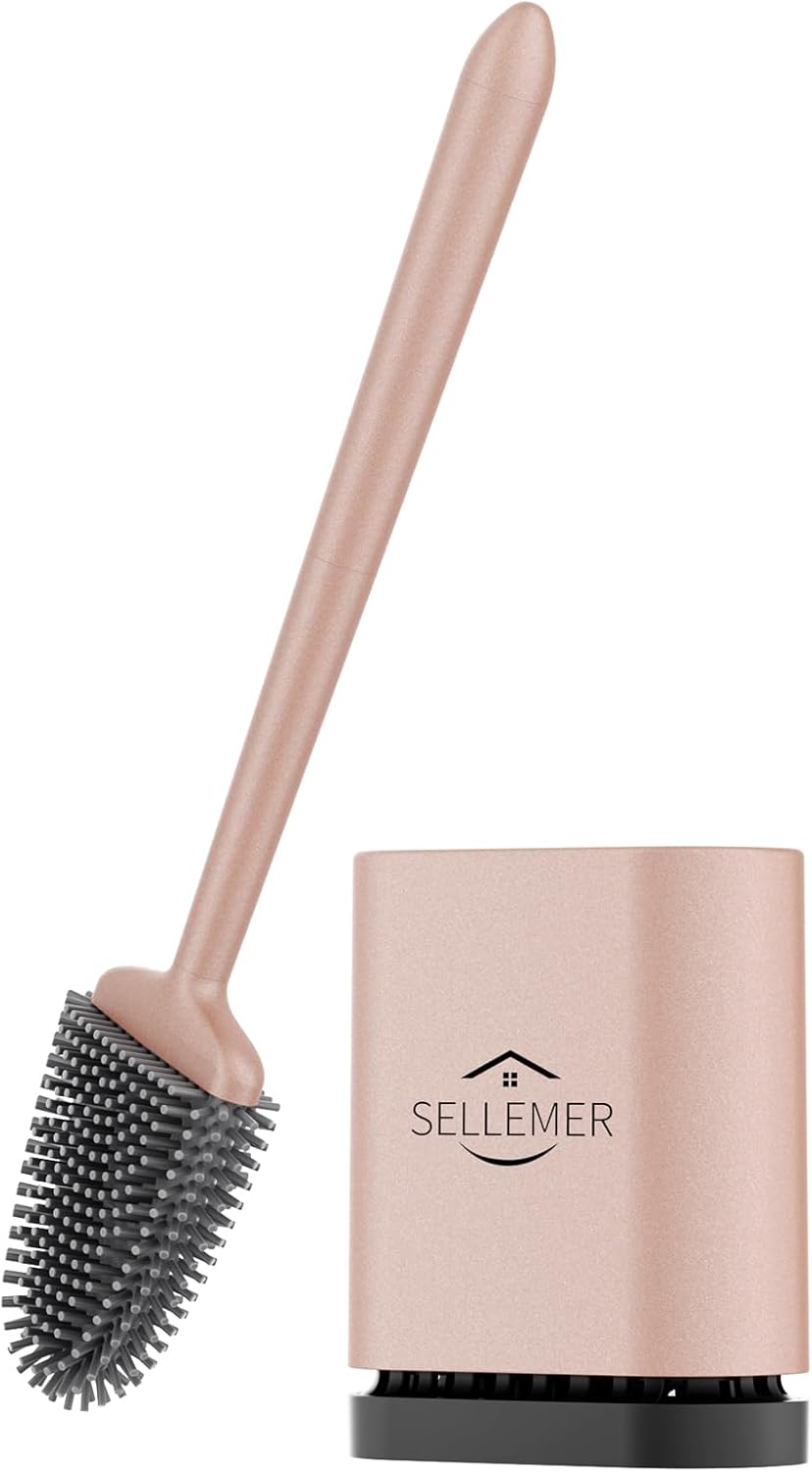 Sellemer Toilet Brush and Holder Set - Flexible Toilet Bowl Brush Head with Silicone Bristles, Compact Size for Storage and Organization, Ventilation Slots Base (1 Pack, Silver)
