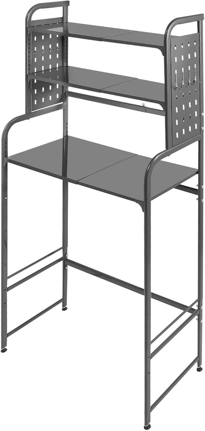Over The Washer and Dryer Storage Shelf with Adjustable Shelf, 3 Tiers Expandable Over Toilet Storage Rack with Hooks Laundry Organizer Standing Shelf Gray for Laundry Room Bathroom