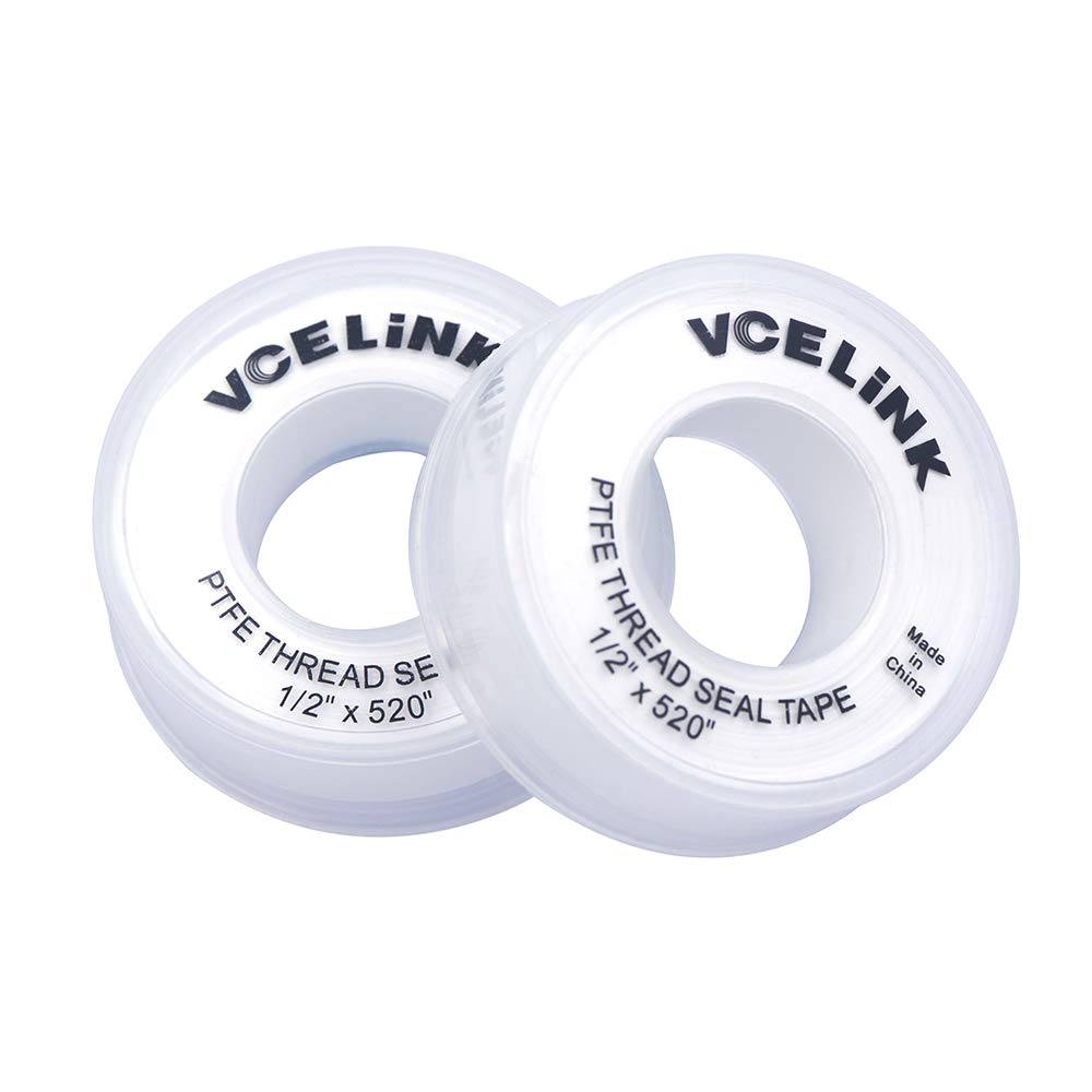 VCELINK PTFE Plumbers Tape 2-Pack, Industrial Water Sealant Thread Tape, 520" Length, 1/2" Width, 3.5 mil Thick, Plumbing Teflon Tape for Shower Head and Pipe Thread, White