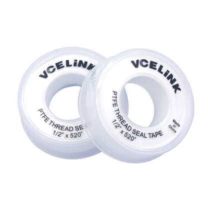 VCELINK PTFE Plumbers Tape 2-Pack, Industrial Water Sealant Thread Tape, 520" Length, 1/2" Width, 3.5 mil Thick, Plumbing Teflon Tape for Shower Head and Pipe Thread, White