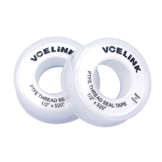 VCELINK PTFE Plumbers Tape 2-Pack, Industrial Water Sealant Thread Tape, 520" Length, 1/2" Width, 3.5 mil Thick, Plumbing Teflon Tape for Shower Head and Pipe Thread, White
