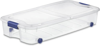 Large Storage Bin 66 Quart, Clear Underbed Storage Container with Latching Lid and 4 Wheels, Blue Plastic Organizer for Bedroom, Closet, or Home