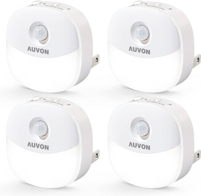 AUVON Plug in Night Light with Motion Sensor and Dusk to Dawn Sensor, Mini Warm White LED Nightlight with 1-50 lm Adjustable Brightness for Bathroom, Hallway, Stairs, Bedroom, Kitchen, 4 Packs