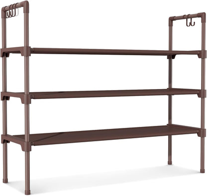 LANTEFUL 3 Tier Shoe Rack for Closet, Shoe Organizer with 5 Hooks, Long Shoe Shelf Storage for Sneaker and Boot Stackable Free Standing Shoe Rack for Entryway, Garage, Small Spaces, Dorm