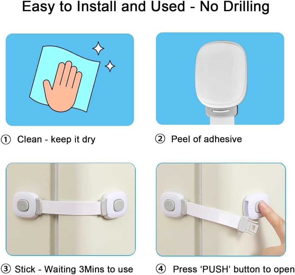 2 Pack Cabinet Locks Safety Cabinet Proofing Safety Strap Locks Adhesive Drawer Fridge Ovens Door Toilet Latches No Drill Multi-Purpose for Furniture Kitchen Grey