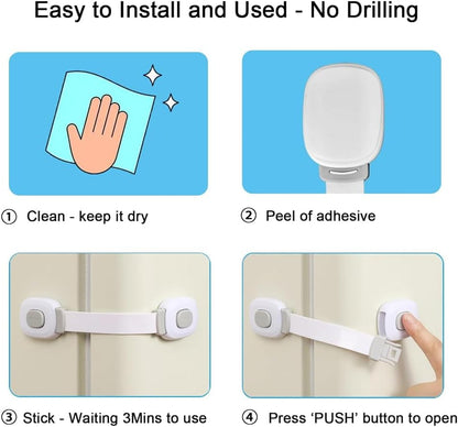 2 Pack Cabinet Locks Safety Cabinet Proofing Safety Strap Locks Adhesive Drawer Fridge Ovens Door Toilet Latches No Drill Multi-Purpose for Furniture Kitchen Grey