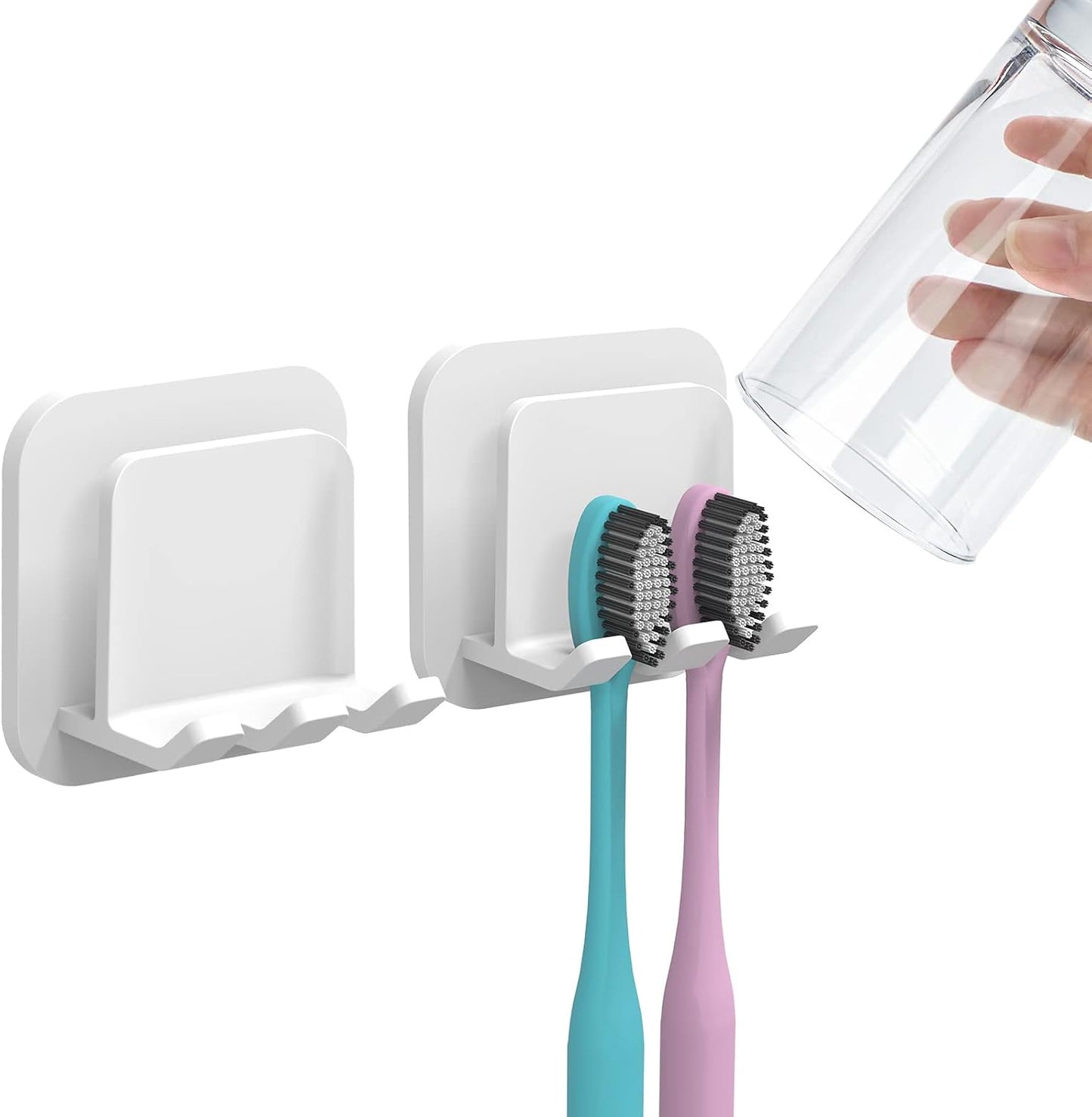 2 PCS Self-Adhesive Toothbrush Holders Wall Mounted, Water Proof Toothbrush Hook, 3 in 1 with Toothbrush Hanger Toothpaste Holder and Gargle Cup Holder for Bathroom Shower (White)