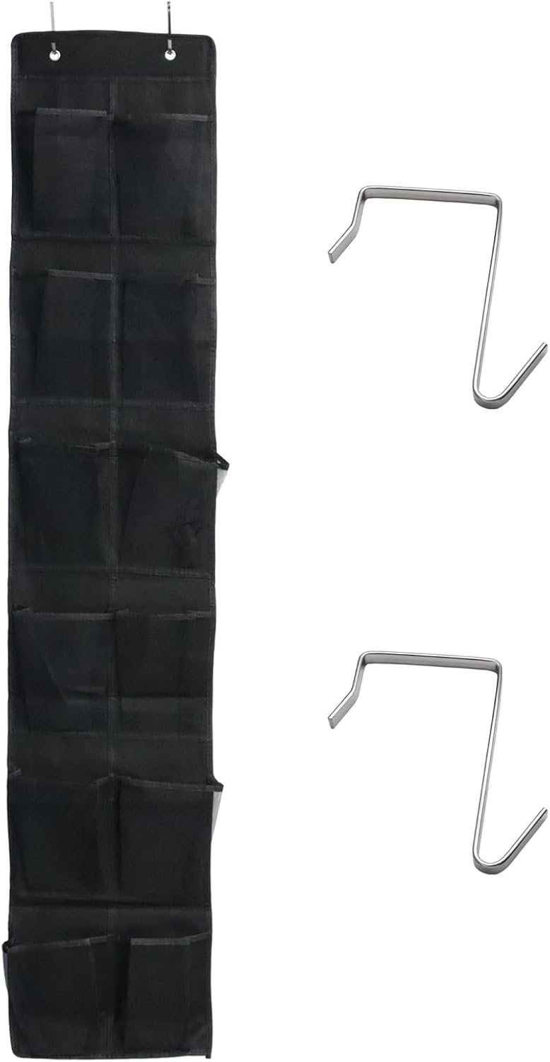 Over the Door Shoe Organizer, 12 Mesh Pockets Hanging Shoe Organizer with 4 Metal Hooks (Black)