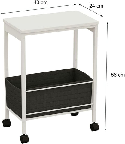Rustic Brown Rolling Side Table with Storage Basket, Narrow End Table on Wheels for Small Spaces, 15.75" D x 9.84" W x 22.05" H Sofa Side Table with Fabric Bin for Living Room and Bedroom