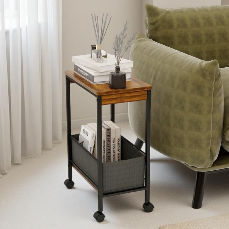 Rustic Brown Rolling Side Table with Storage Basket, Narrow End Table on Wheels for Small Spaces, 15.75" D x 9.84" W x 22.05" H Sofa Side Table with Fabric Bin for Living Room and Bedroom