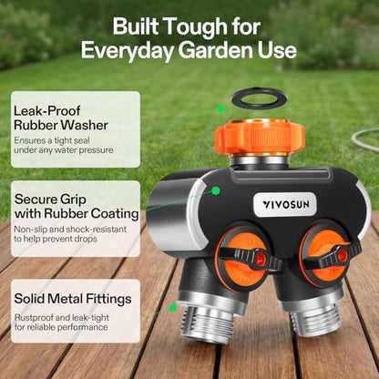 VIVOSUN Garden Hose Splitter 2 Way Heavy Duty, Upgraded Highly Durable Dual Water Hose Connector, Faucet Adapter with Comfortable Rubberized Grip for Drip Irrigation, Lawns