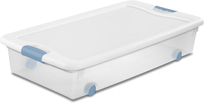 Sterilite 4-Pack 56 Quart Wheeled Latching Box, Underbed Clear Plastic Storage Organizer - Under Bed Rolling Container Bin with Lid and Wheels for Home or Dorm Bedrooms and Closets