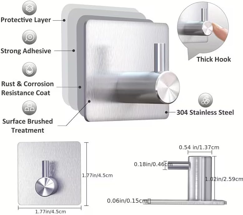 4pcs, Adhesive Heavy Duty Wall Hooks, Waterproof Stainless Steel Hooks, Wall Mount, Silvery