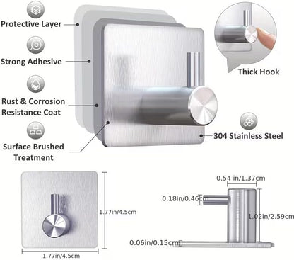 4pcs, Adhesive Heavy Duty Wall Hooks, Waterproof Stainless Steel Hooks, Wall Mount, Silvery