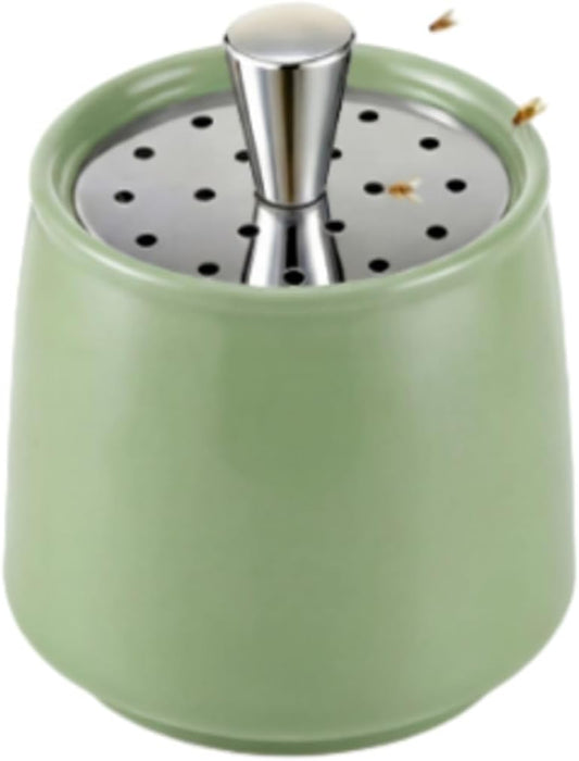 Ceramic Fruit Fly Trap for Indoors, Reusable Kitchen Fly Catcher with Stainless Steel Vent Lid, Uses Safe & Natural Vinegar Bait Trap, Dishwasher Safe, Easy to Use (White,1 Pack)