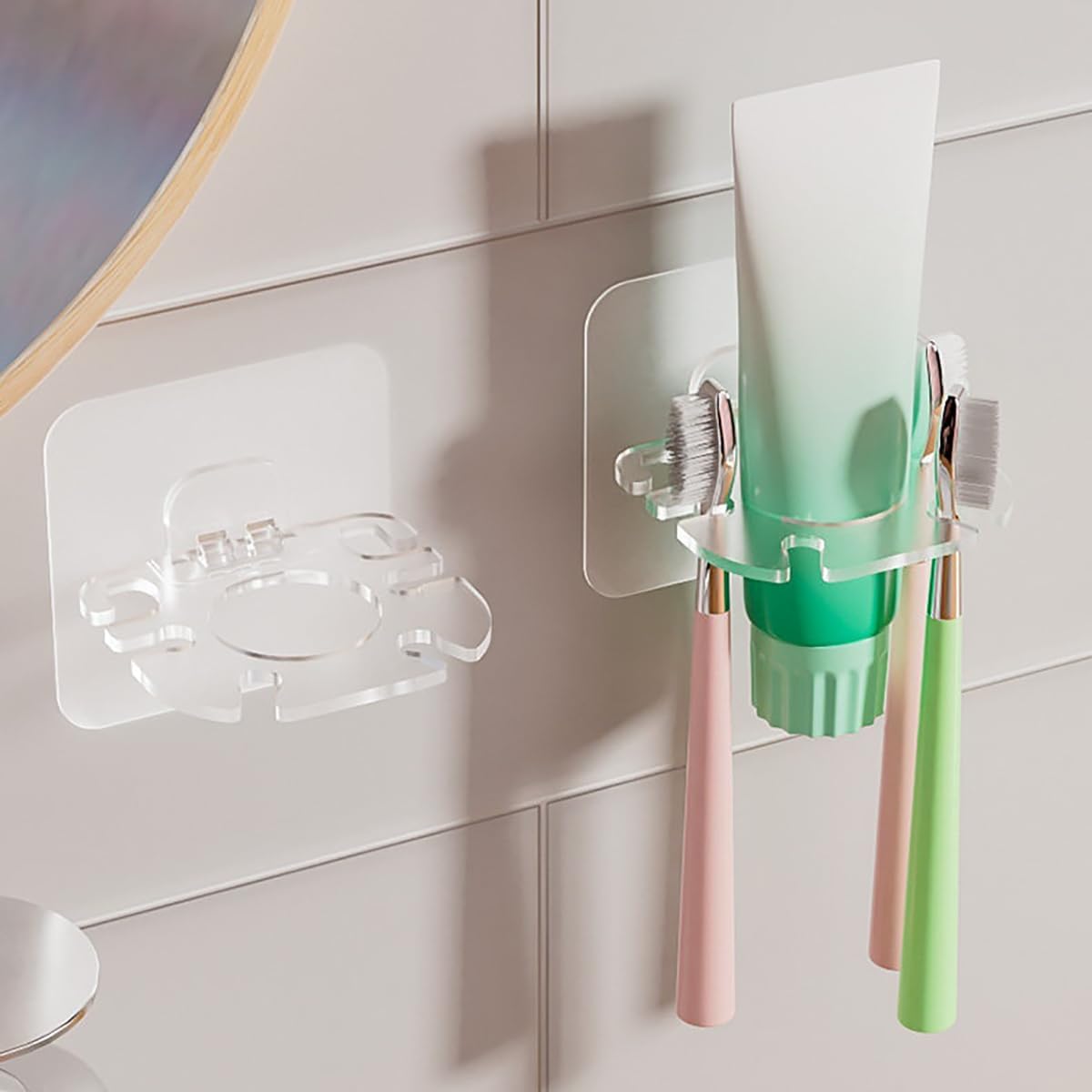 Wall Mounted Toothbrush Holder 2 Pack, No Drill Self Adhesive 6 Slots Clear Waterproof Bathroom Organizer for Electric Toothbrush