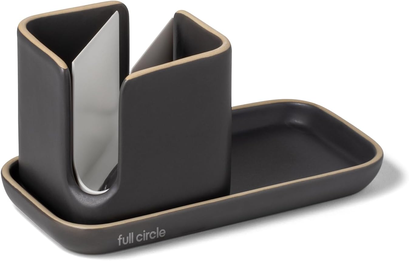 Full Circle Stash, Ceramic Kitchen Sink Caddy, Stylish Sponge Holder & Dish Brush Organizer, Easy to Clean, Dishwasher Safe, Rustproof, White and Gray, 11"