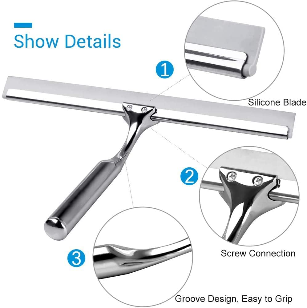 Quntis 10-Inch Matte Black Shower Squeegee for Glass Doors – Stainless Steel with Non-Slip Handle, Replacement Blade & Hook – Ideal for Bathroom, Mirrors, Tiles, and Car Windows