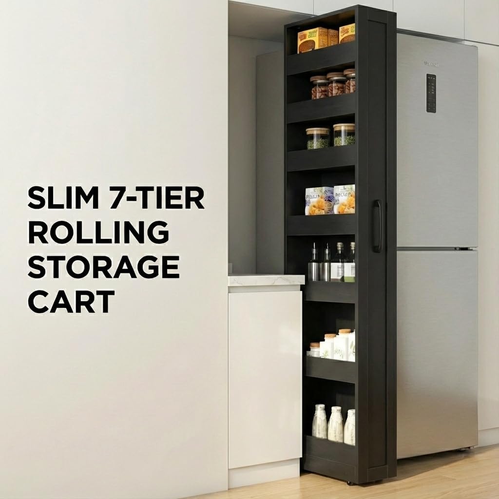 Slim Rolling Storage Cart, 6-Tier Pull-Out Spice Rack with Handle & Wheels, Narrow Kitchen Organizer for Next to Fridge, Pantry, Laundry Room,11.8 Inch Wide Space Saver（Black, With Side Panel)